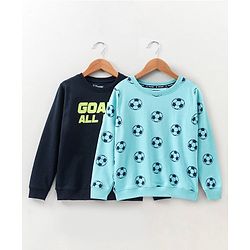 Pine Kids Full Sleeves Bio Washed Sweatshirt Football Print Pack of 2 - Aqua & Blue
