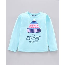 Pine Kids Full Sleeves Bio Washed T-Shirt Beanie Graphic  - Turquoise