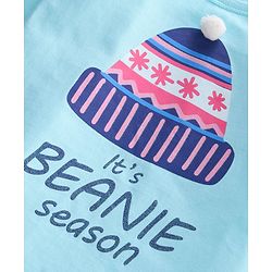 Pine Kids Full Sleeves Bio Washed T-Shirt Beanie Graphic  - Turquoise