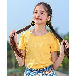 Pine Kids Half Sleeves Bio Washed Top Floral Embroidery - Yellow