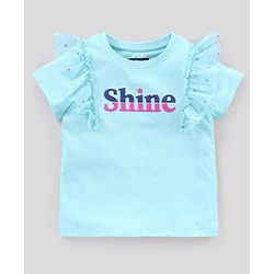 Pine Kids Short Sleeves Biowash with Ruffles Sleeves Text Print - Blue