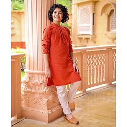 Pine Kids Full Sleeves Textured Kurta with Placket Detailing and Pyjama Set - Orange