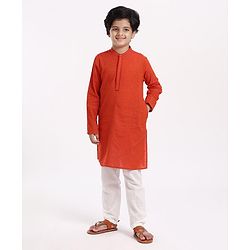 Pine Kids Full Sleeves Textured Kurta with Placket Detailing and Pyjama Set - Orange
