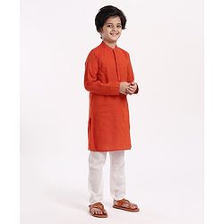 Pine Kids Full Sleeves Textured Kurta with Placket Detailing and Pyjama Set - Orange