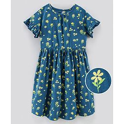 Pine Kids Half Sleeves Bio Washed Frock Floral Print - Blue