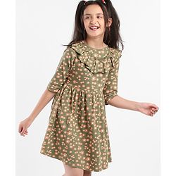 Pine Kids Full Sleeves Bio Washed Frock Floral Print - Green