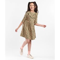 Pine Kids Full Sleeves Bio Washed Frock Floral Print - Green