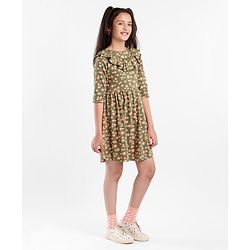 Pine Kids Full Sleeves Bio Washed Frock Floral Print - Green