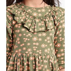 Pine Kids Full Sleeves Bio Washed Frock Floral Print - Green