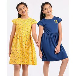 Pine Kids Cap Sleeves Biowashed Frock Floral Print Pack Of 2 - Yellow Blue