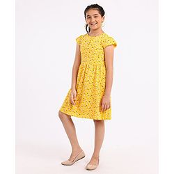 Pine Kids Cap Sleeves Biowashed Frock Floral Print Pack Of 2 - Yellow Blue
