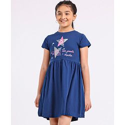Pine Kids Biowash Short Sleeves Frock Star Print - Navy Blue