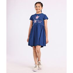 Pine Kids Biowash Short Sleeves Frock Star Print - Navy Blue