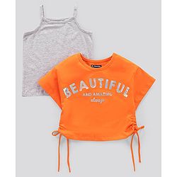 Pine Kids Short Sleeves Knotted Top Beautiful Print - Orange Light Grey