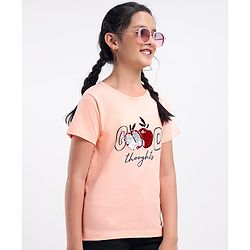 Pine Kids Half Sleeves Biowash & Reversible Sequin Top Good Print - Peach
