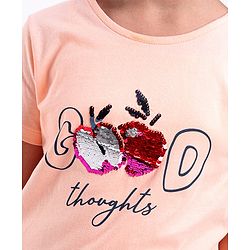 Pine Kids Half Sleeves Biowash & Reversible Sequin Top Good Print - Peach