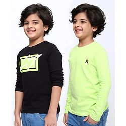 Pine Kids Full Sleeves Biowashed Solid T-Shirts Graphic Print Pack of 2 - Black Green