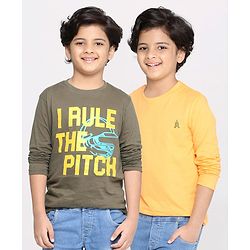 Pine Kids Full Sleeves Biowashed Solid T-Shirts Text Print Pack of 2 - Grey Yellow