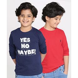 Pine Kids Full Sleeves Biowashed Solid T-Shirts Text Print Pack of 2 - Navy Red