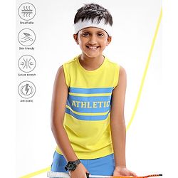 Pine Active Lycra Sleeveless T Shirt HD Text Print - Yellow Blue