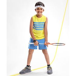 Pine Active Lycra Sleeveless T Shirt HD Text Print - Yellow Blue