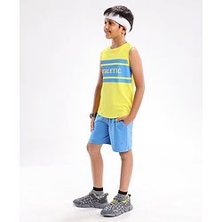 Pine Active Lycra Sleeveless T Shirt HD Text Print - Yellow Blue