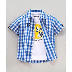 Pine Kids Half Sleeves Checkered Shirt With A T-Shirt- Blue