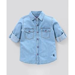 Pine Kids Full Sleeves Denim Shirt Solid Print - Indigo Blue
