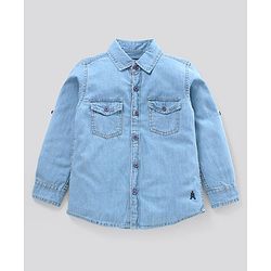 Pine Kids Full Sleeves Denim Shirt Solid Print - Indigo Blue