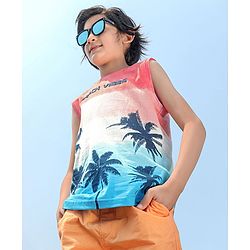 Pine Kids Sleeveless Cotton T-shirt Beach Print - Multicolour