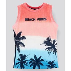 Pine Kids Sleeveless Cotton T-shirt Beach Print - Multicolour