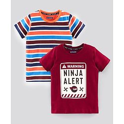 Pine Kids Half Sleeves T-shirt with Striped and Ninja Print Pack of 2 - Maroon Orange and Blue