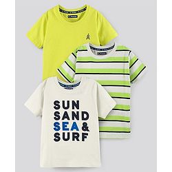 Pine Kids Biowash Half Sleeves Tees Text Print Pack of 3 - Light Green White