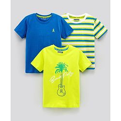 Pine Kids Biowash Half Sleeves Tees Beach Party Print Pack of 3 - Royal Blue Green