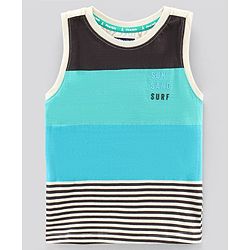Pine Kids Sleeveless Biowashed T-Shirt Text & Stripes Print - Blue Black