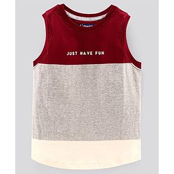 Pine Kids Sleeveless Cotton Biowash T-shirt Text Print - Maroon Grey