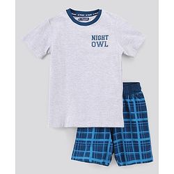 Pine Kids Biowash Half Sleeves Tee & Checked Shorts Nightwear Set - Grey Blue