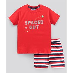 Pine Kids Biowashed Half Sleeves Night Suit Text Print - Red