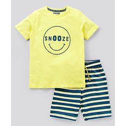 Pine Kids Biowash Half Sleeves Tee & Shorts Nightwear Set Snooze & Stripes Print - Lemon Yellow Blue