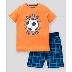 Pine Kids Biowash Half Sleeves Tee & Shorts Nightwear Set Football & Checks Print - Orange Blue