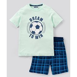 Pine Kids Biowash Half Sleeves Tee & Shorts Nightwear Set Football & Checks Print - Light & Navy Blue