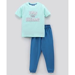 Pine Kids Half Sleeves Biowashed Night Suit Text Print - Sky Blue