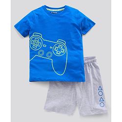 Pine Kids Biowashed Half Sleeves Night Suit Gaming Console Print - Blue Grey