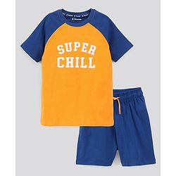 Pine Kids Biowash Half Sleeves Tee & Shorts Nightwear Text Print - Orange Blue