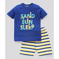 Pine Kids Biowashed Half Sleeves Night Suit Text Print - Royal Blue Yellow
