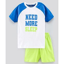 Pine Kids Biowashed Raglan Sleeves Tee & Shorts Text Print - White Light Green