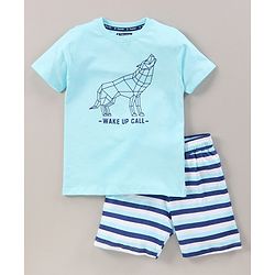 Pine Kids Biowashed Half Sleeves Night Suit Fox Print - Aqua & Navy Blue
