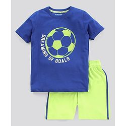 Pine Kids Biowashed Half Sleeves Night Suit Text & Football Print - Royal Blue Green