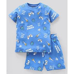 Pine Kids Biowash Half Sleeves Night Suit Game Winner Print - Light Blue