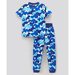 Pine Kids Half Sleeves Biowashed Night Suit Camo Print - Blue